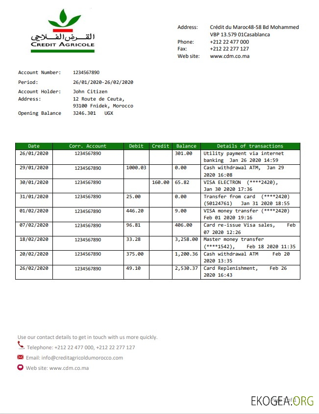 Modèle de relevé bancaire du Crédit Agricole Maroc au format Word et PDF, bon pour prouver l'adresse